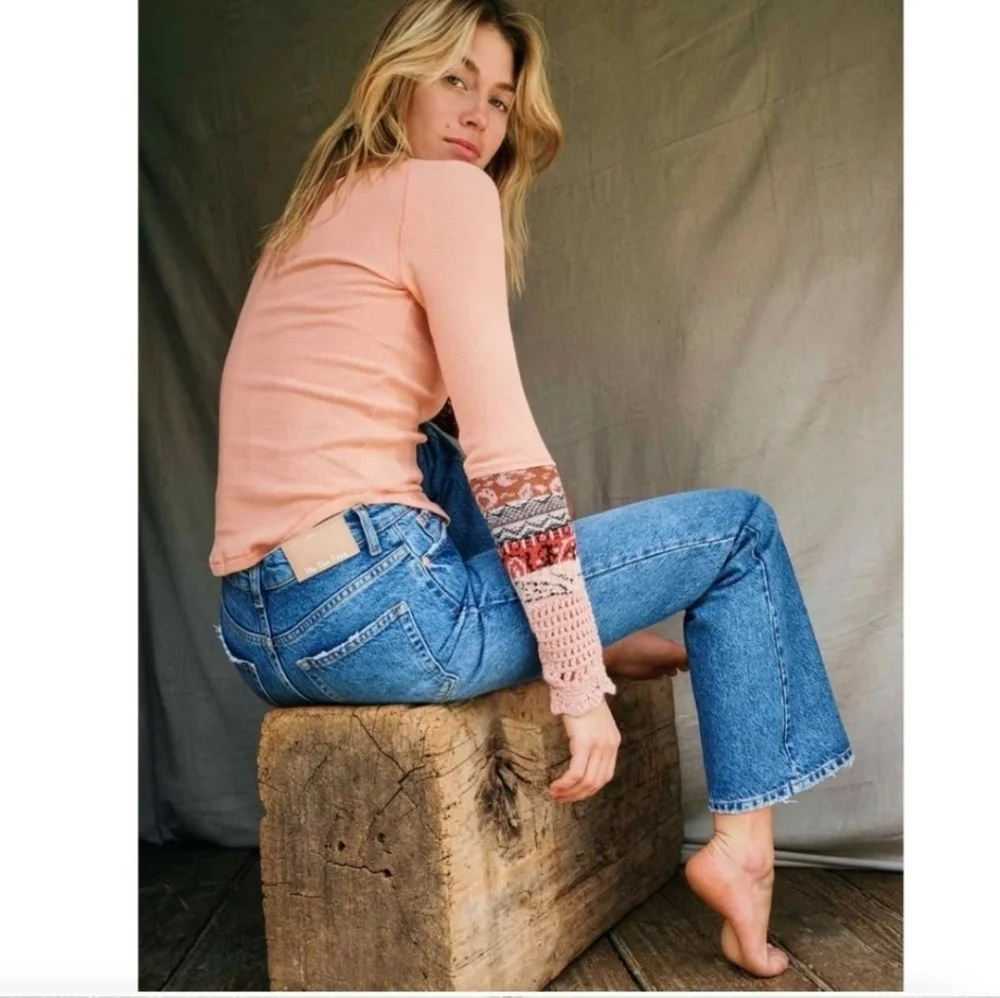 Free People In The Mix‎ Cuff Thermal Top In Desert Orange Knit Crochet size XS